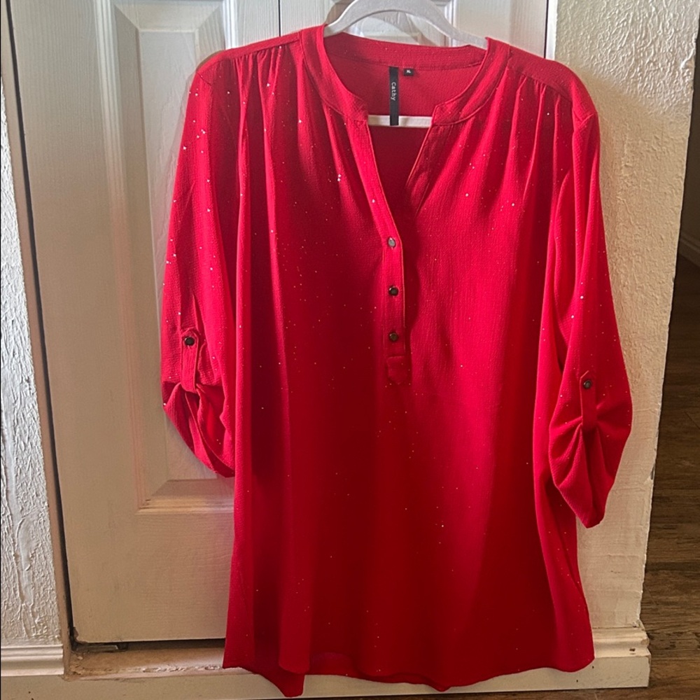 Red with gold glitter accents Button-Up Women's Top